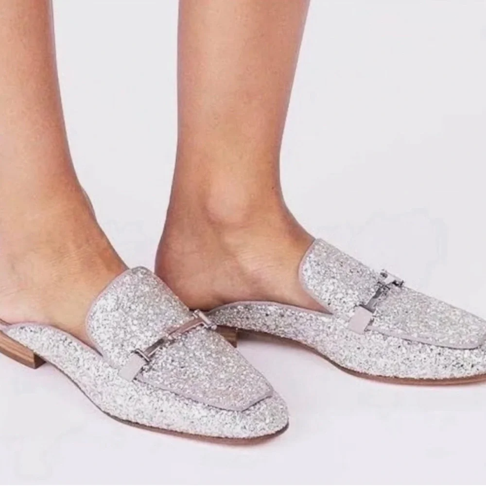 TORY BURCH Amelia Silver Sparkly/Sequin Backless Loafer/Mule